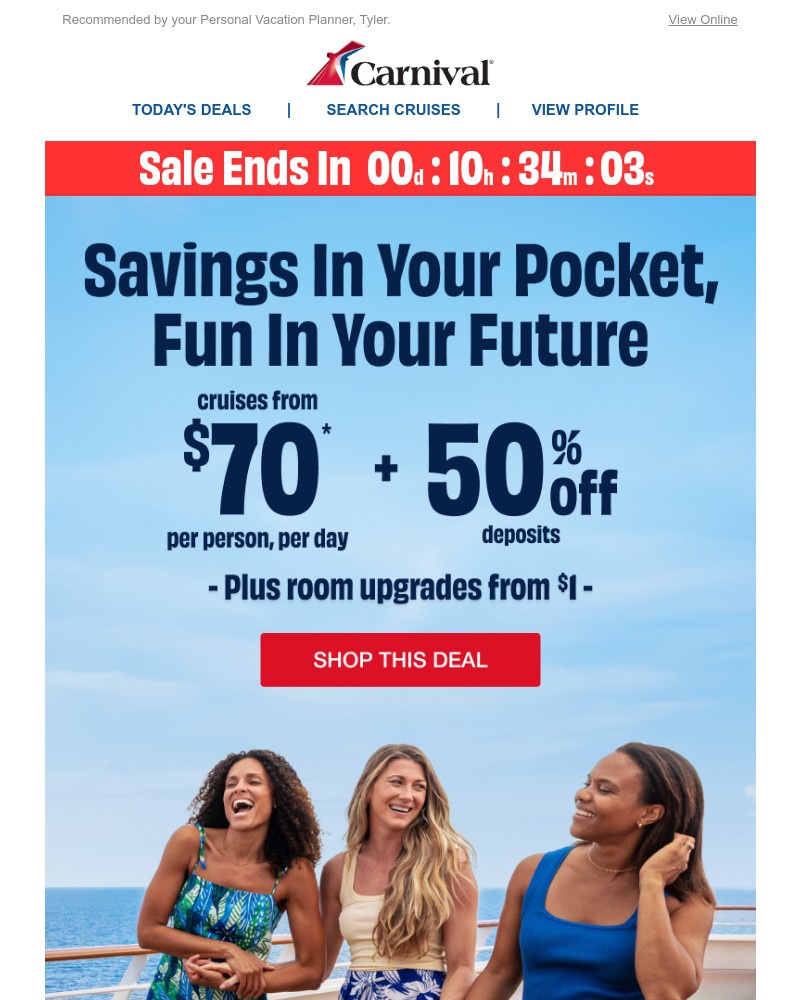 Screenshot of email sent to a Carnival Cruise Line Registered user