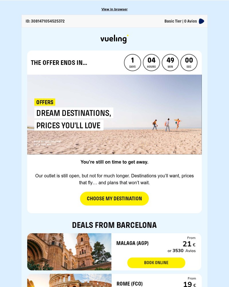 Screenshot of email sent to a Vueling Registered user