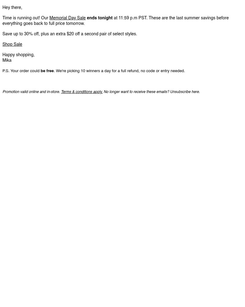 Screenshot of email sent to a Vessi Seller