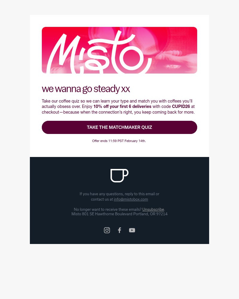 Screenshot of email sent to a Misto Box Newsletter subscriber