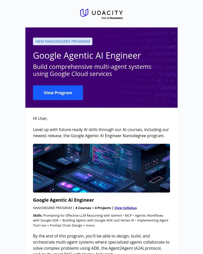Screenshot of email sent to a Udacity Registered user
