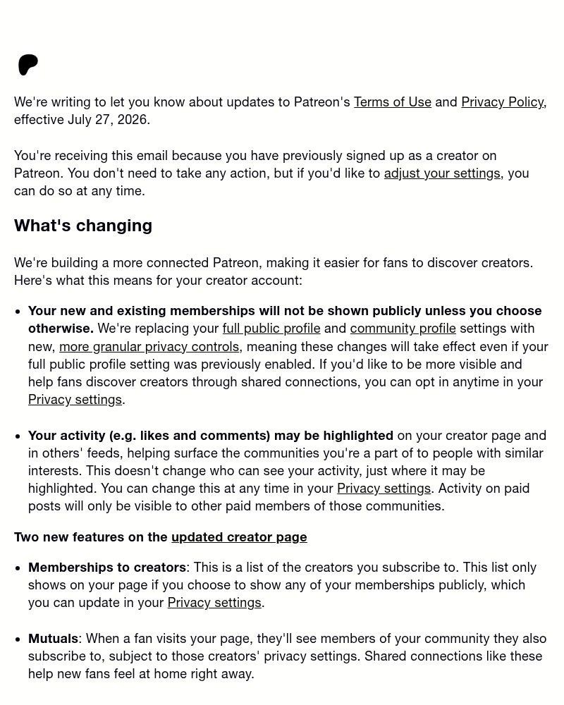 Screenshot of email sent to a Patreon Creator