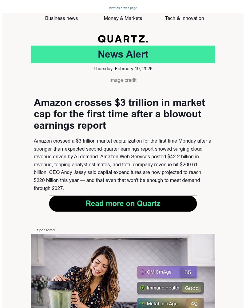 Screenshot of email sent to a Quartz Newsletter subscriber