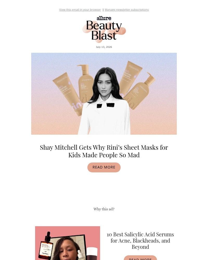Screenshot of email sent to a allure Newsletter subscriber