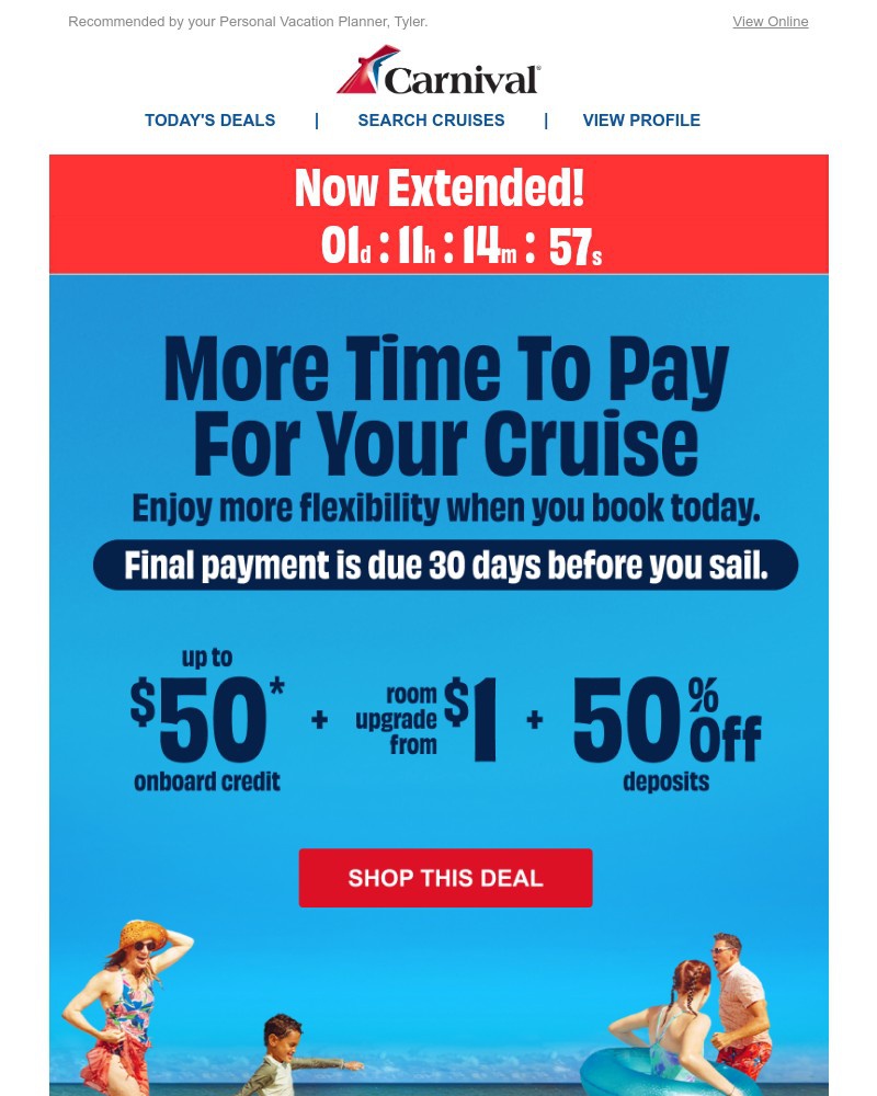 Screenshot of email sent to a Carnival Cruise Line Registered user