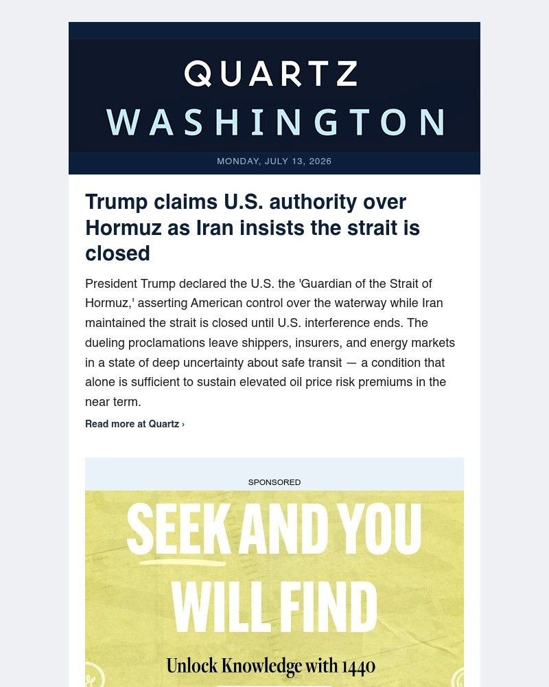 Screenshot of email sent to a Quartz Newsletter subscriber