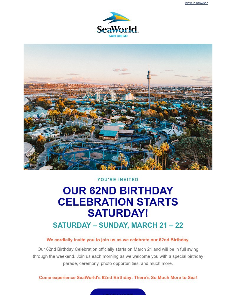 Screenshot of email sent to a Sea World Newsletter subscriber