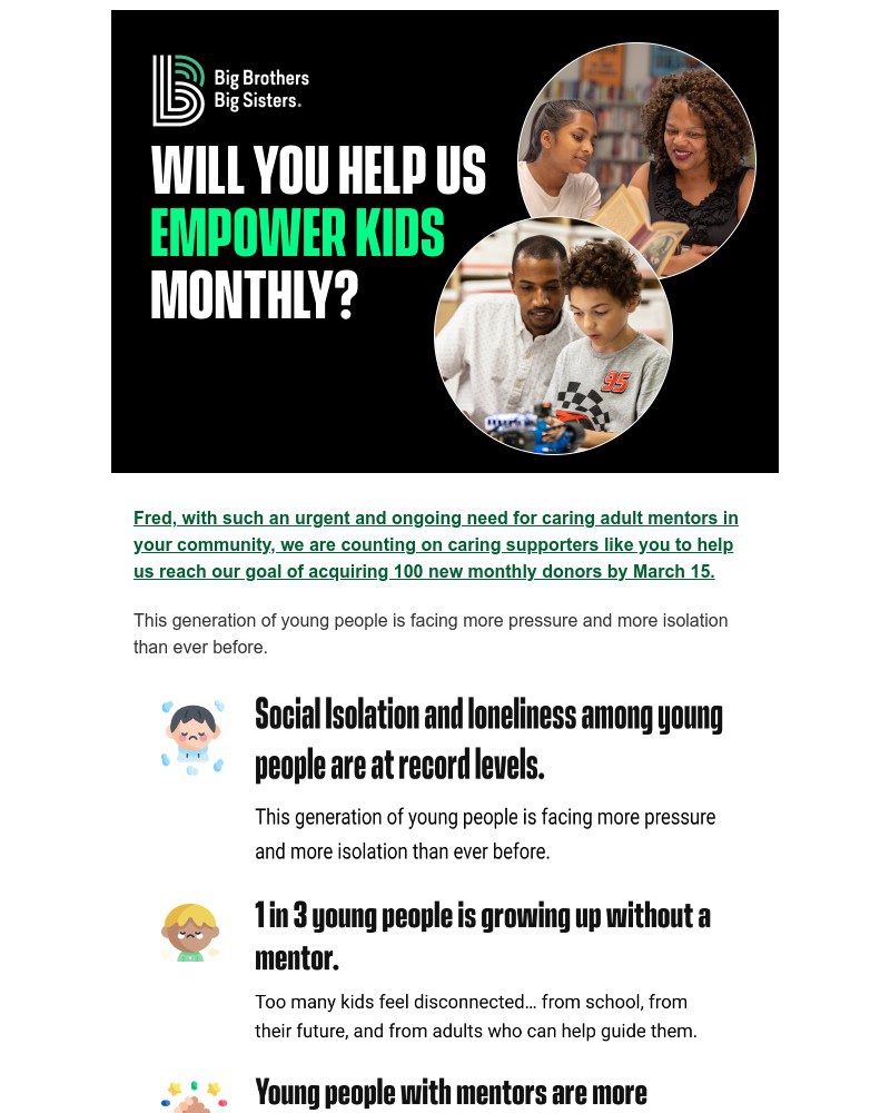 Screenshot of email sent to a Big Brothers Big Sisters of America Newsletter subscriber