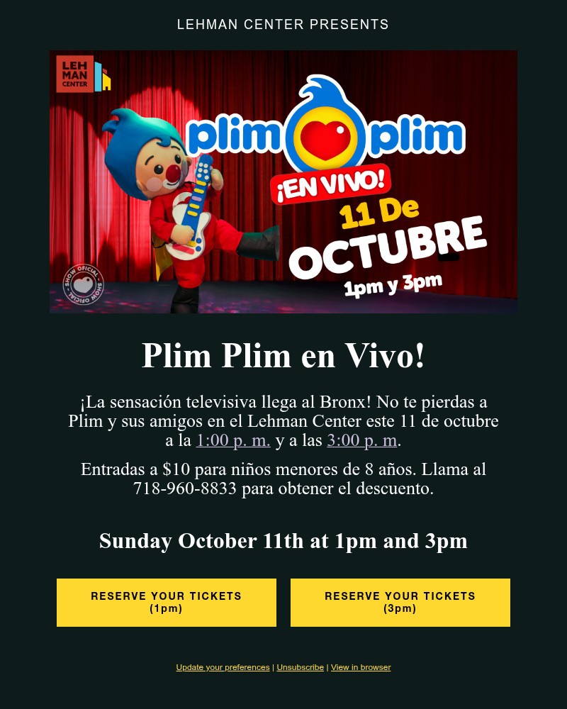 Screenshot of email sent to a Lehman Center for the Performing Arts Newsletter subscriber
