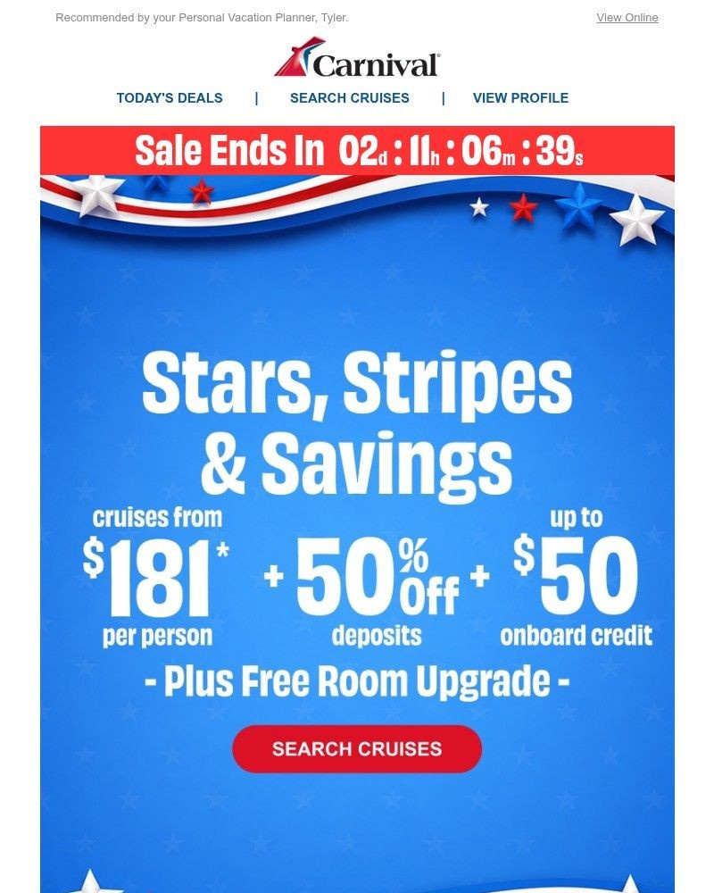 Screenshot of email sent to a Carnival Cruise Line Registered user