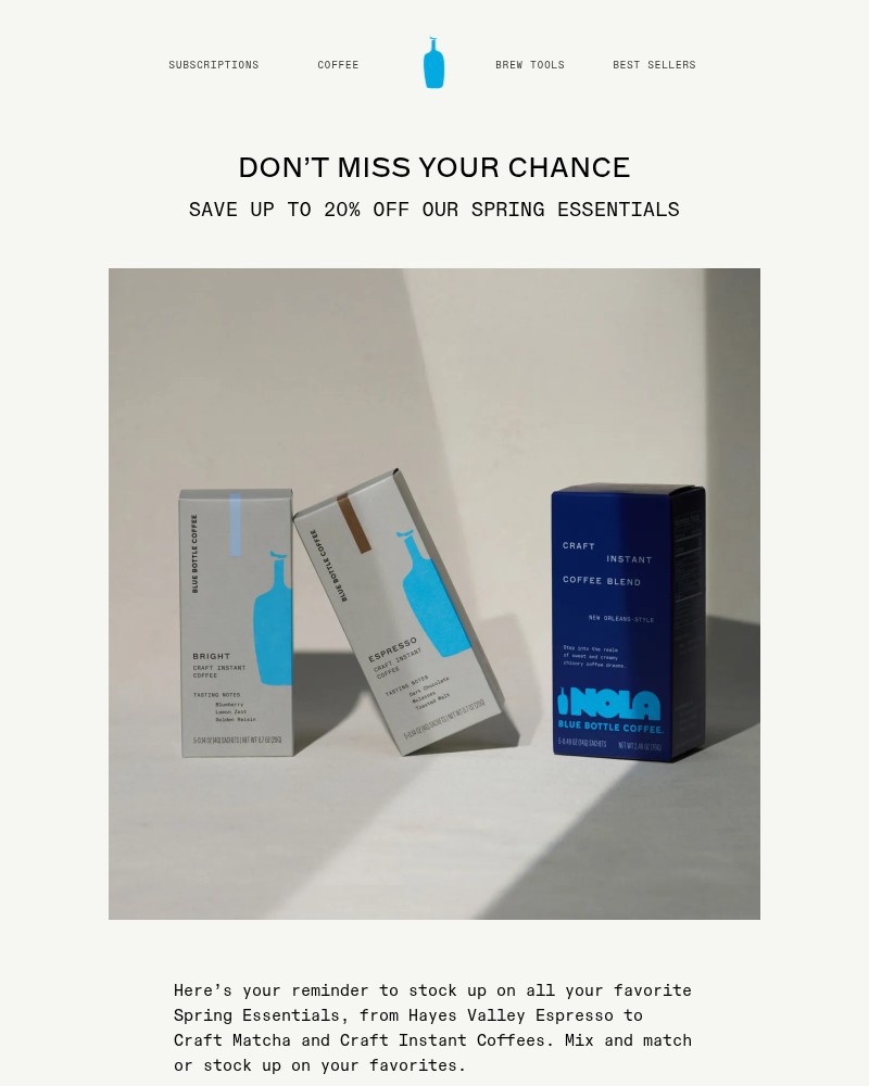 Screenshot of email sent to a Blue Bottle Coffee Newsletter subscriber