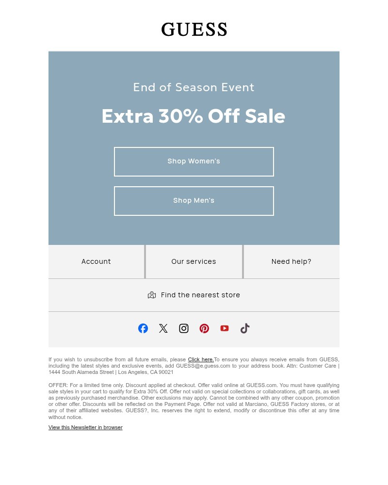 Screenshot of email sent to a Guess Newsletter subscriber