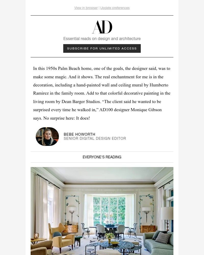 Screenshot of email sent to a Architectural Digest Newsletter subscriber