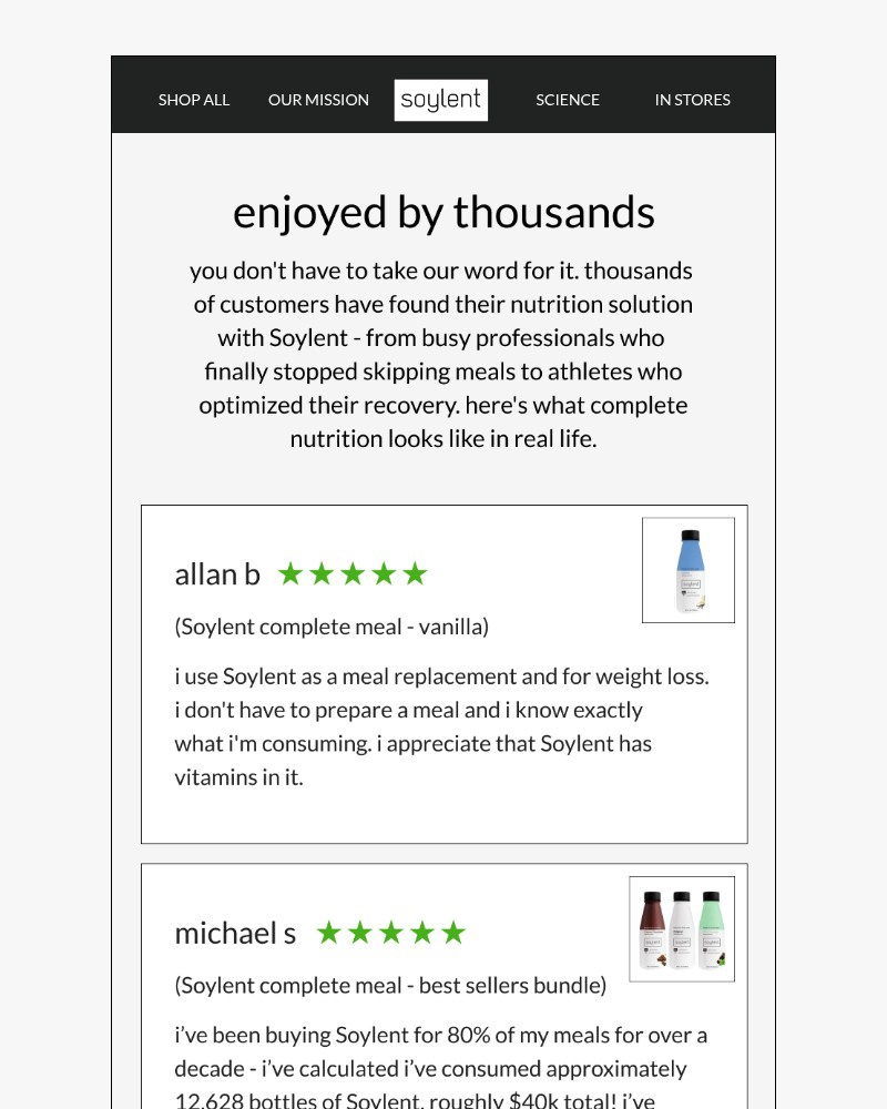 Screenshot of email sent to a Soylent Newsletter subscriber