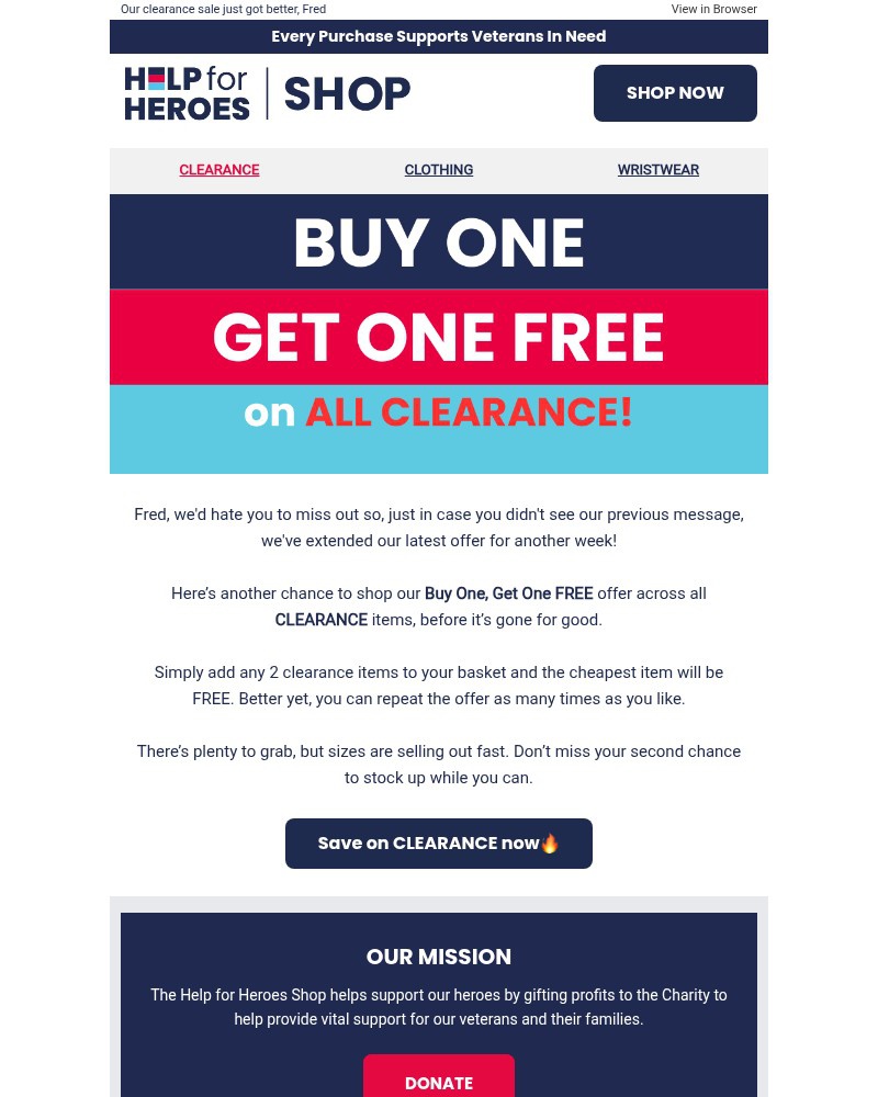 Screenshot of email sent to a Help for Heroes Newsletter subscriber