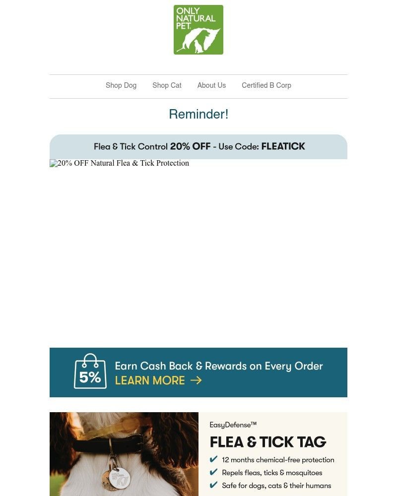Screenshot of email sent to a Only Natural Pet Newsletter subscriber