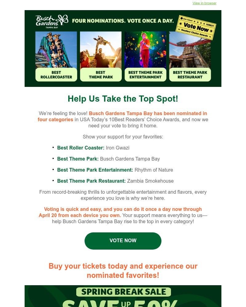 Screenshot of email sent to a Busch Gardens Newsletter subscriber