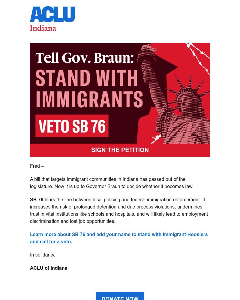 Screenshot of email sent to a American Civil Liberties Union Newsletter subscriber