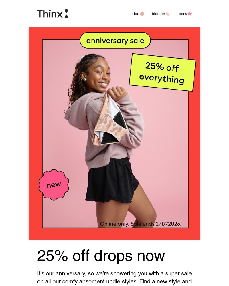 Screenshot of email sent to a Thinx Newsletter subscriber