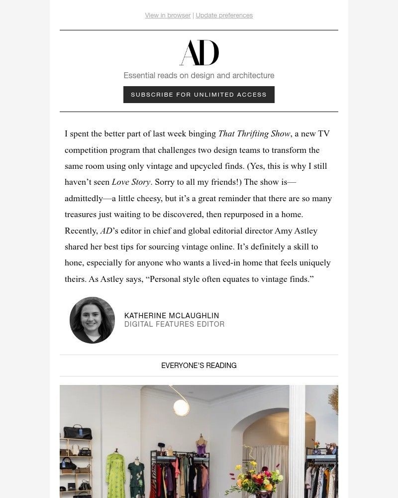 Screenshot of email sent to a Architectural Digest Newsletter subscriber