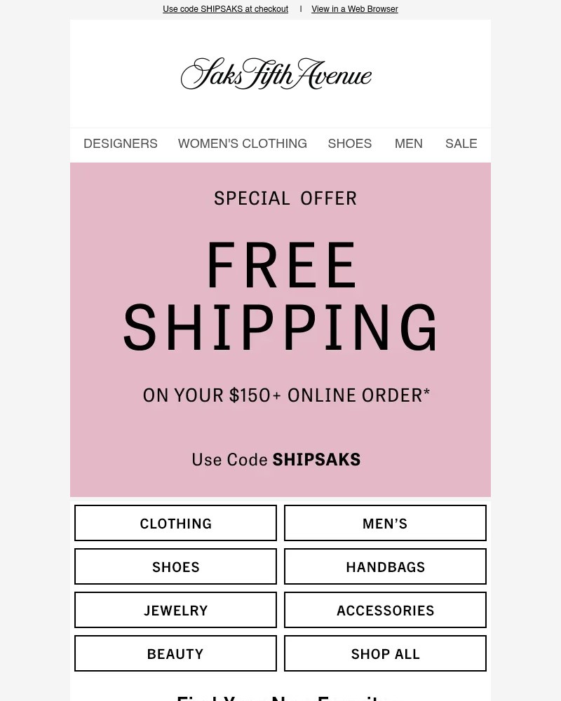 Screenshot of email sent to a Saks Fifth Avenue Newsletter subscriber