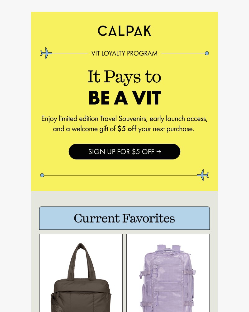 Screenshot of email sent to a Calpak Newsletter subscriber