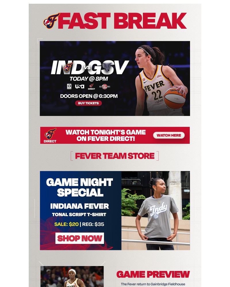 Screenshot of email sent to a Indiana Fever Newsletter subscriber