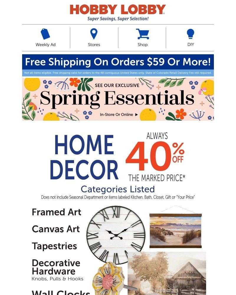 Screenshot of email sent to a Hobby Lobby Newsletter subscriber