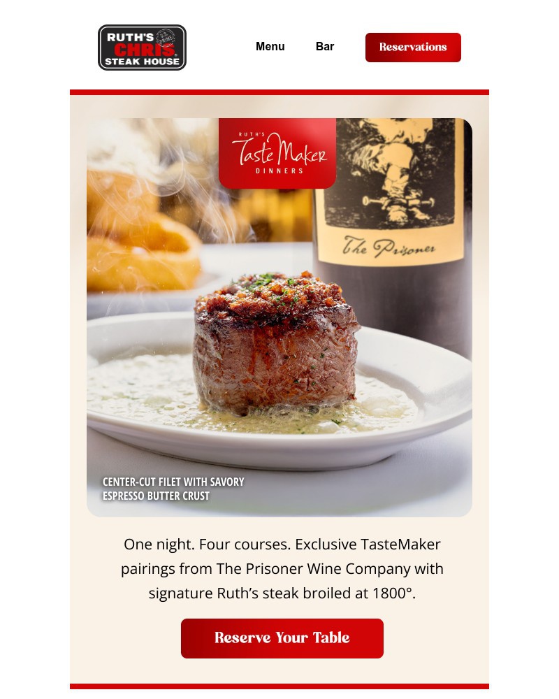 Screenshot of email sent to a Ruth’s Chris Newsletter subscriber