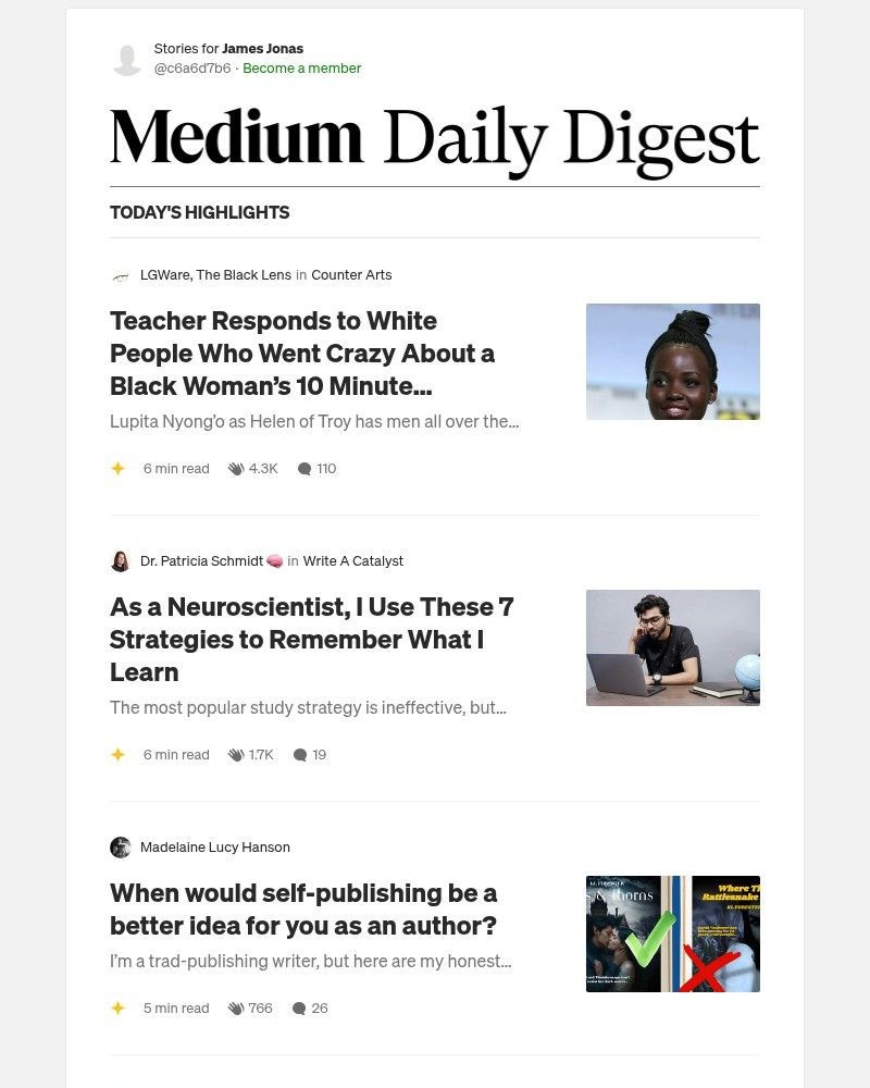 Screenshot of email sent to a Medium Registered user