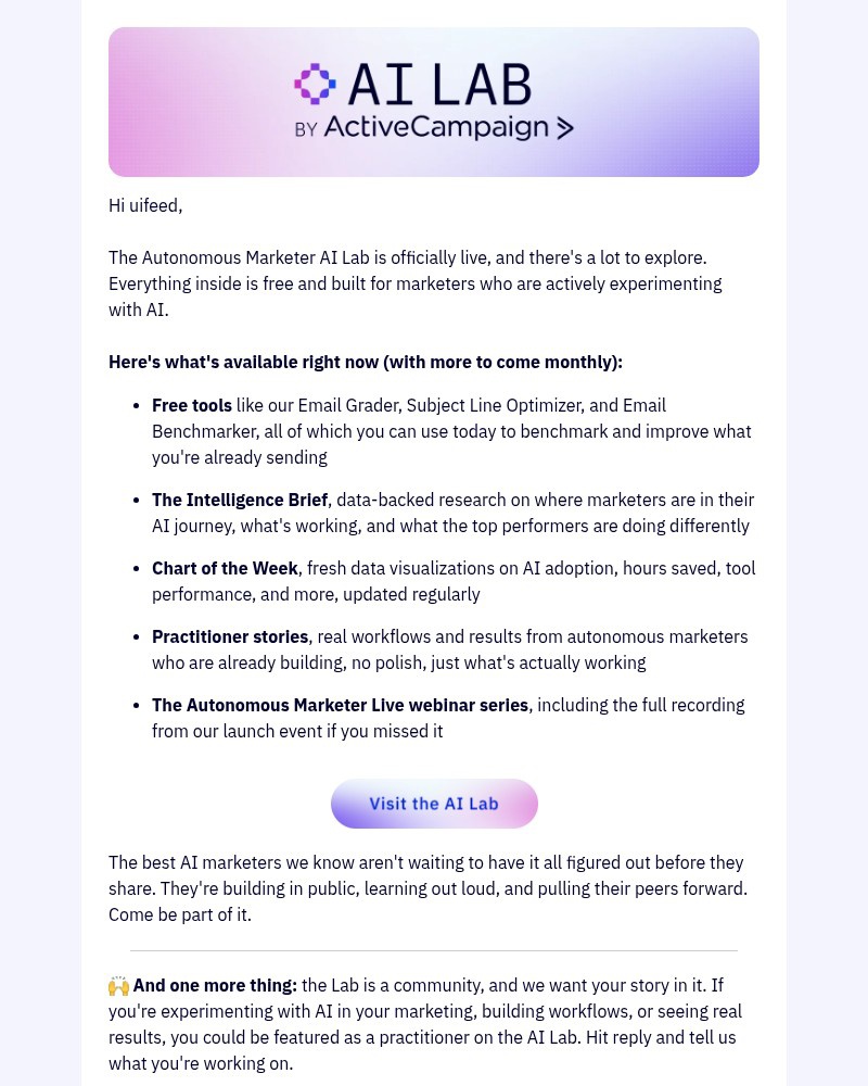 Screenshot of email sent to a ActiveCampaign Customer