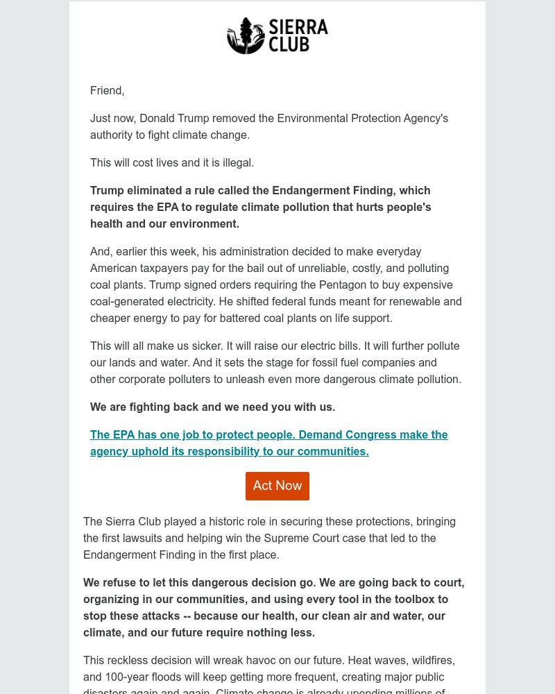 Screenshot of email sent to a Sierra Club Newsletter subscriber
