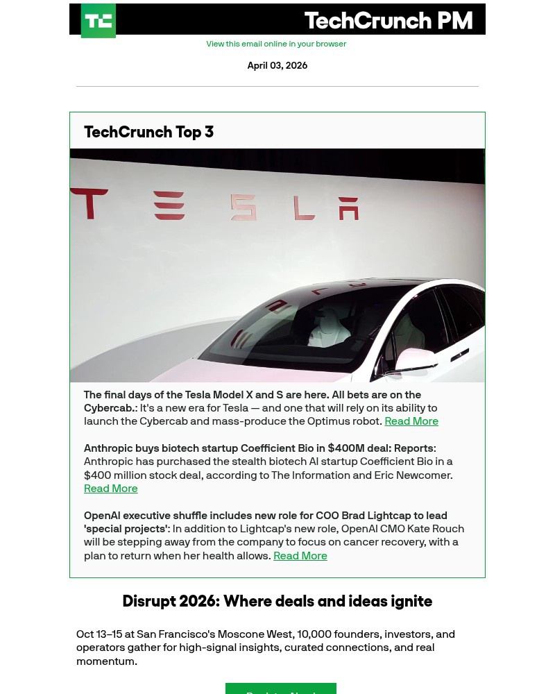 Screenshot of email sent to a Techcrunch Newsletter subscriber