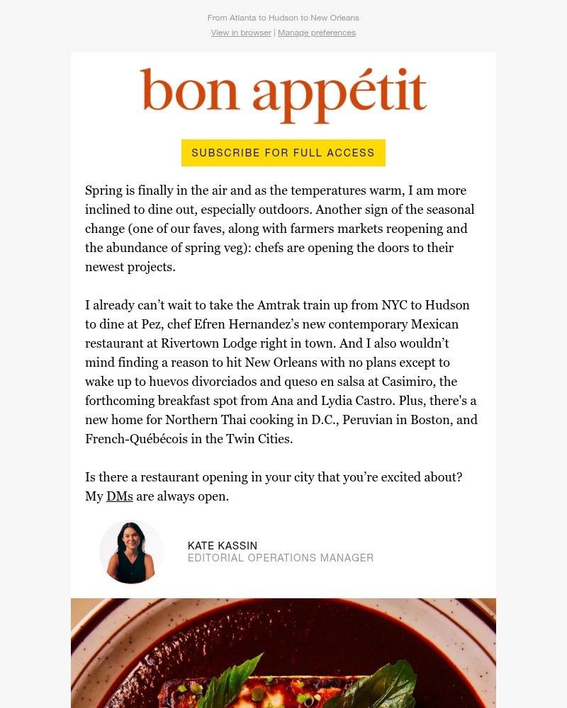 Screenshot of email sent to a Bon Appétit Newsletter subscriber