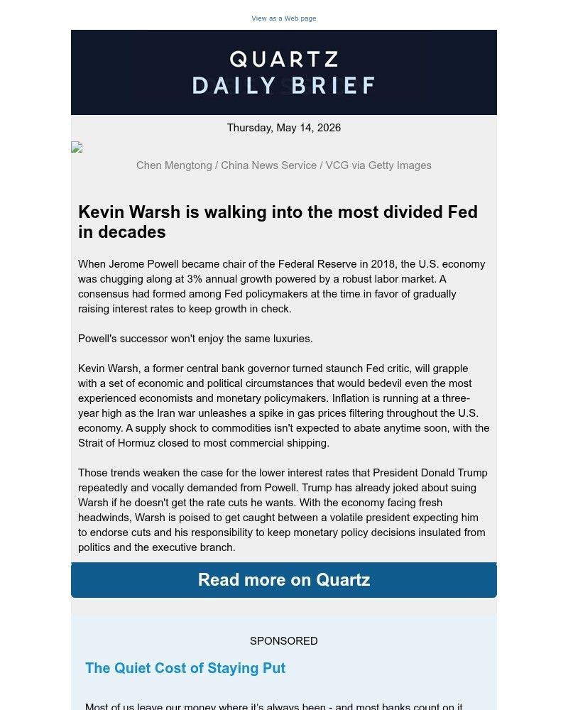 Screenshot of email sent to a Quartz Newsletter subscriber