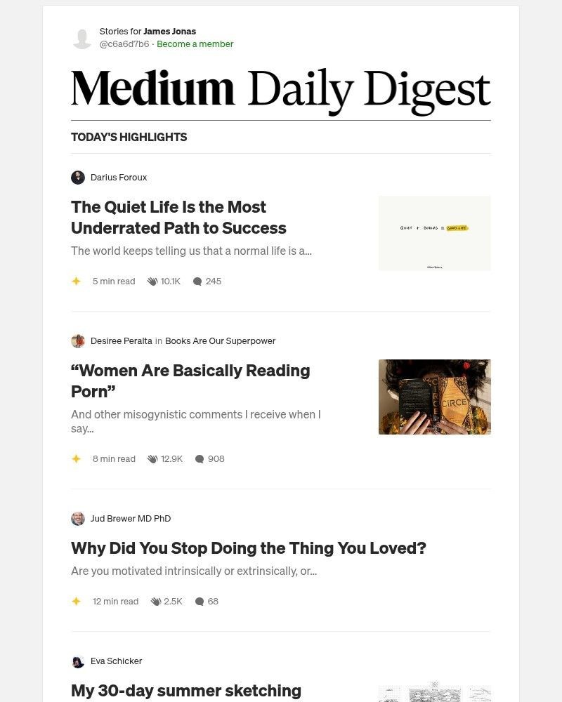 Screenshot of email sent to a Medium Registered user