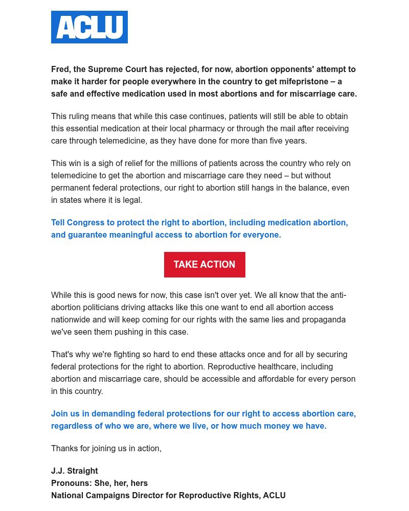 Screenshot of email sent to a American Civil Liberties Union Newsletter subscriber