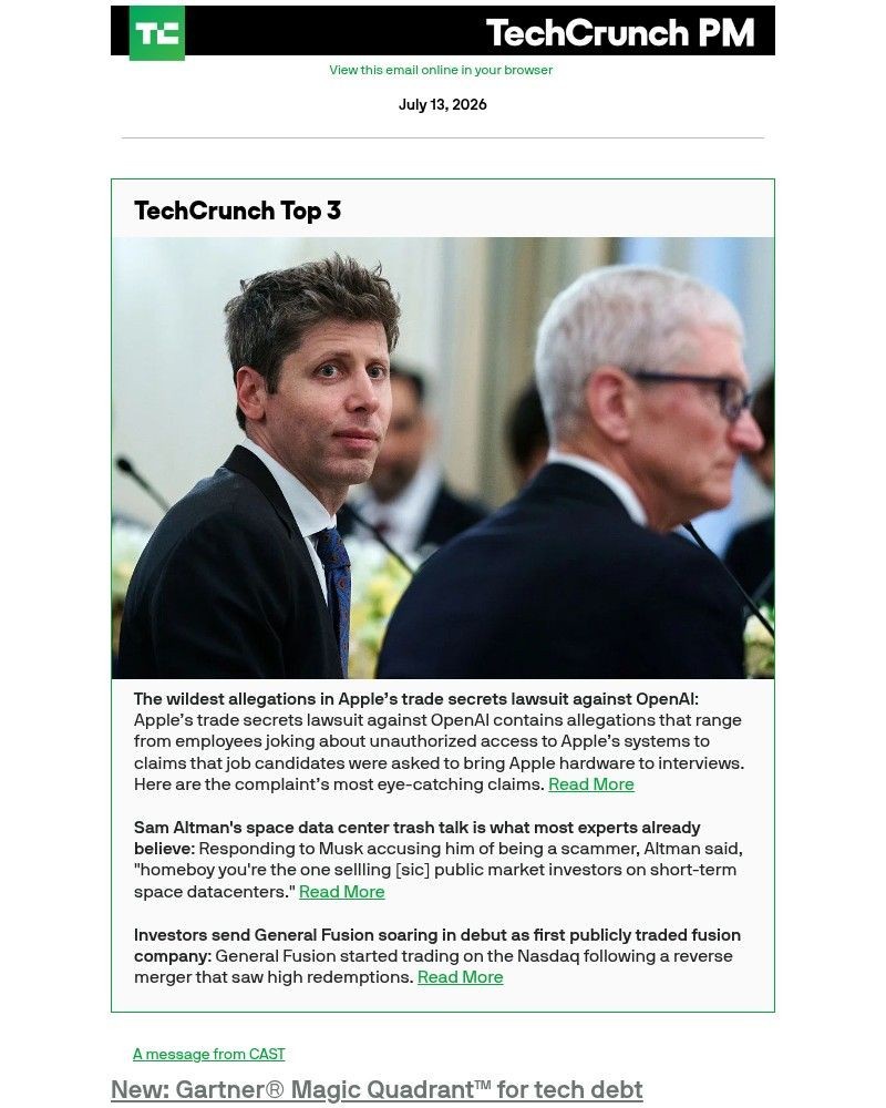 Screenshot of email sent to a Techcrunch Newsletter subscriber