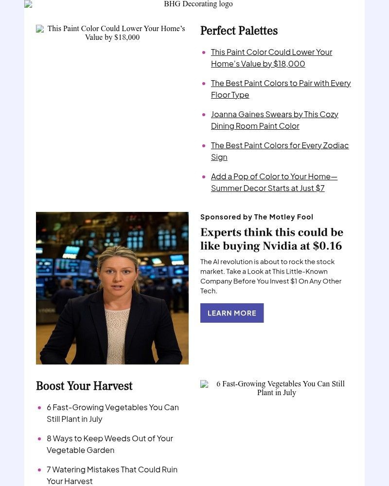 Screenshot of email sent to a Better Homes and Gardens Newsletter subscriber