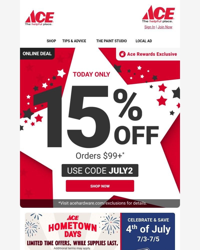 Screenshot of email sent to a Ace Hardware Newsletter subscriber