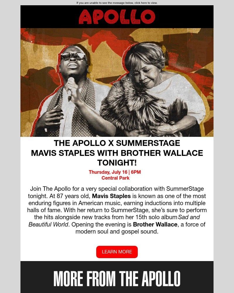 Screenshot of email sent to a Apollo Theater Newsletter subscriber