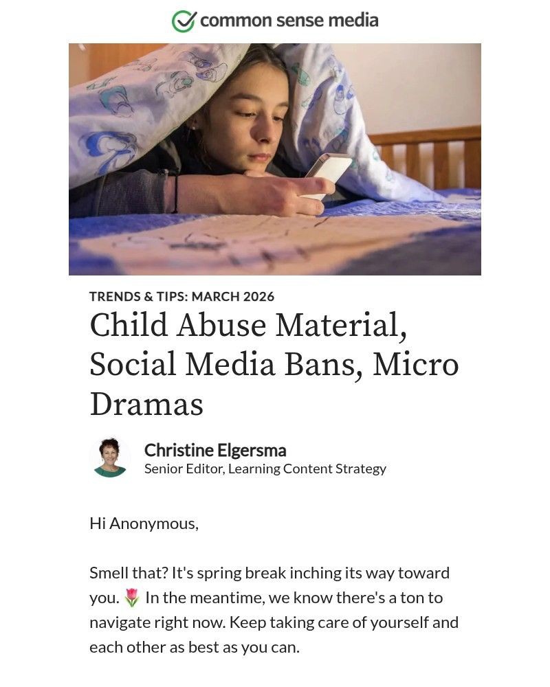 Screenshot of email sent to a Common Sense Newsletter subscriber