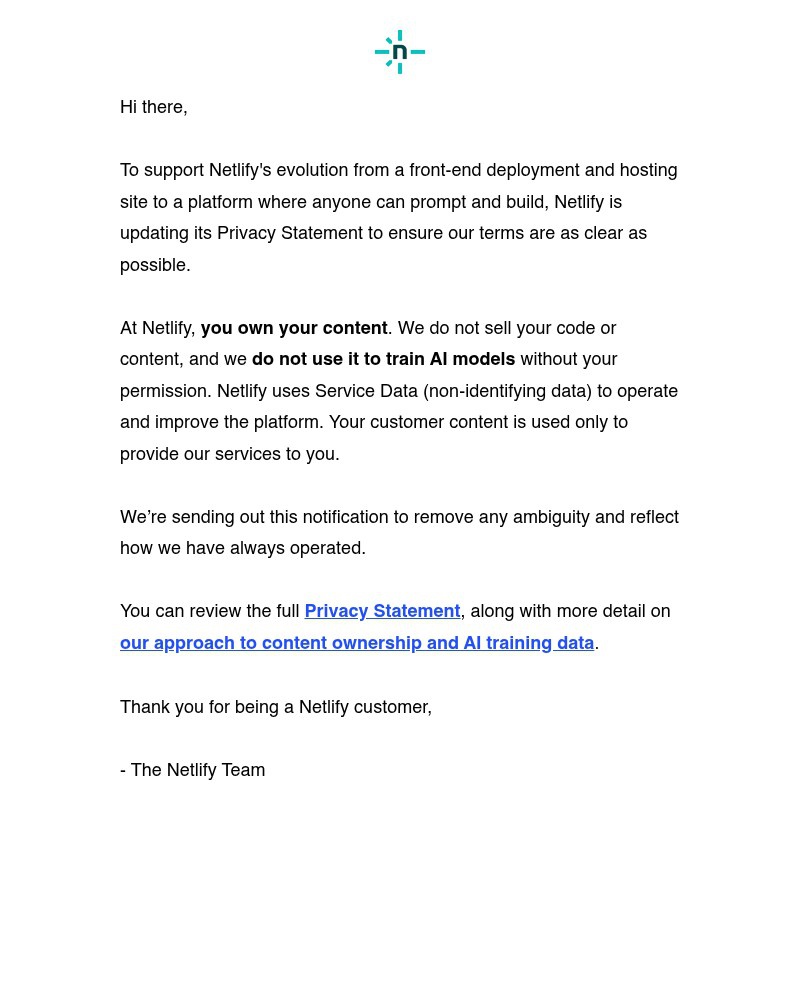 Screenshot of email sent to a Netlify Newsletter subscriber