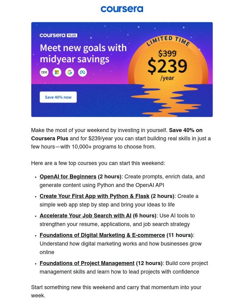 Screenshot of email sent to a Coursera Registered user