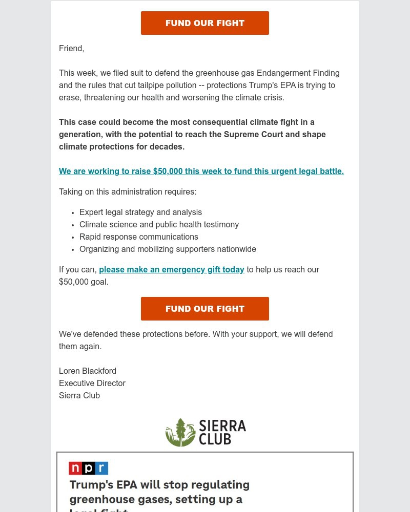 Screenshot of email sent to a Sierra Club Newsletter subscriber