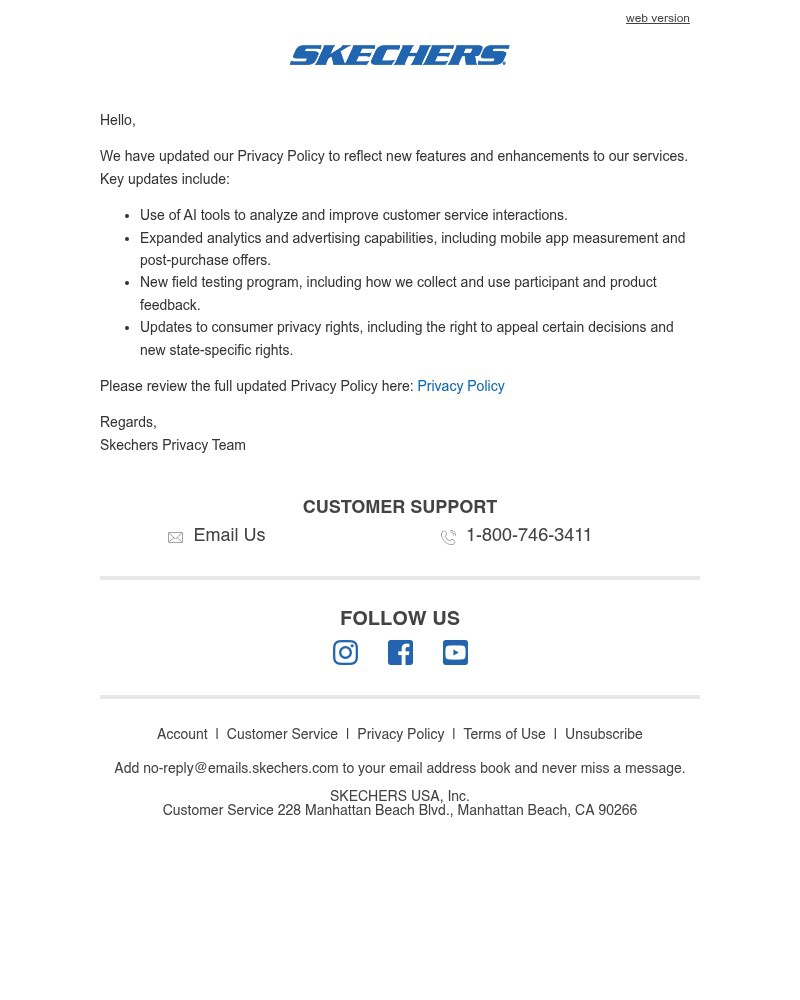 Screenshot of email sent to a Skechers Newsletter subscriber