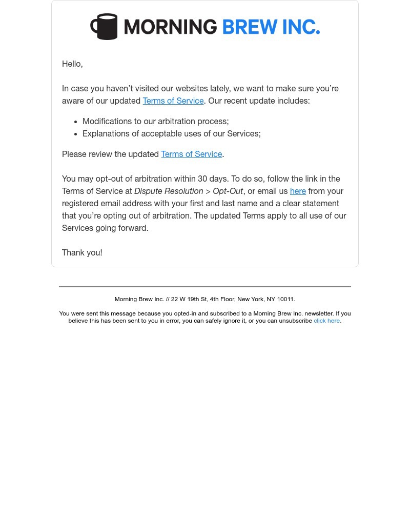 Screenshot of email sent to a Morning Brew Newsletter subscriber