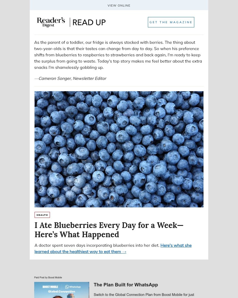 Screenshot of email sent to a Reader’s Digest Newsletter subscriber