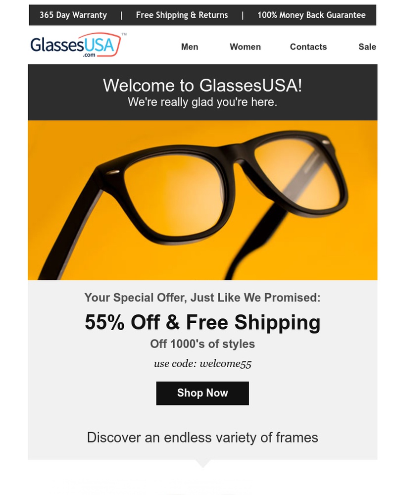 Screenshot of email sent to a Glasses USA Newsletter subscriber