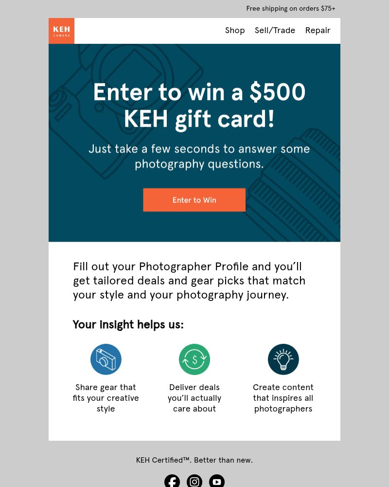 Screenshot of email sent to a KEH Camera Newsletter subscriber